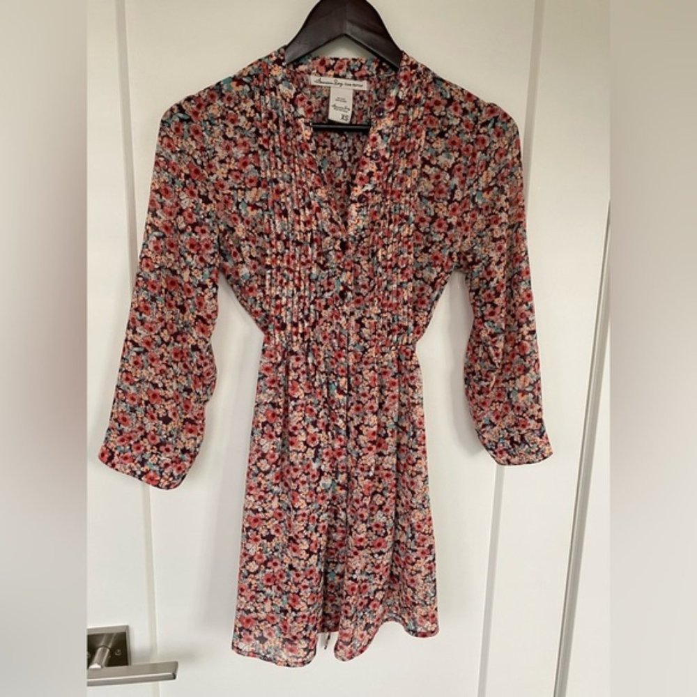 AMERICAN RAG Cie Floral Boho Dress Button Up Tucks Front & Back Tie Back xs
